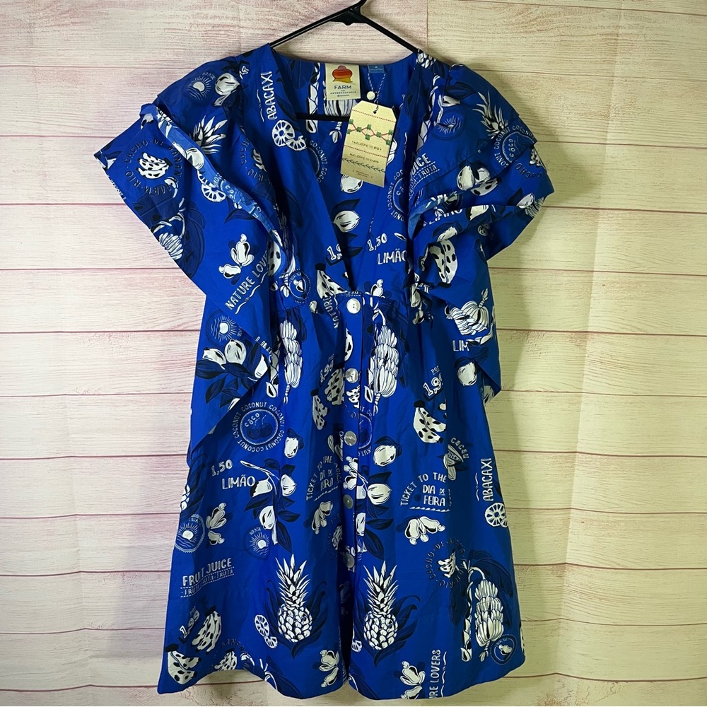 Farm Rio Flutter-Sleeve Babydoll Blue White Mini Fruit Print Dress Size Medium